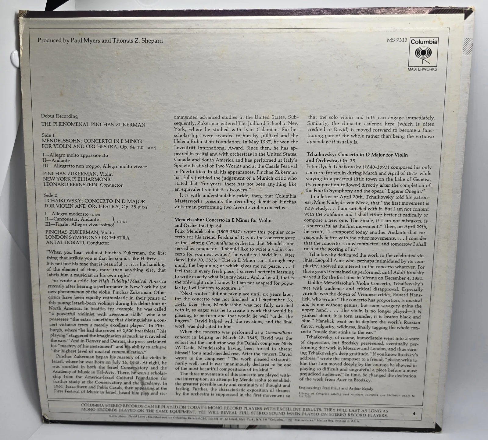 RARE Pinchas Zuckerman Signed Mendelssohn Violin Concerto Record Autographed, изображение 3