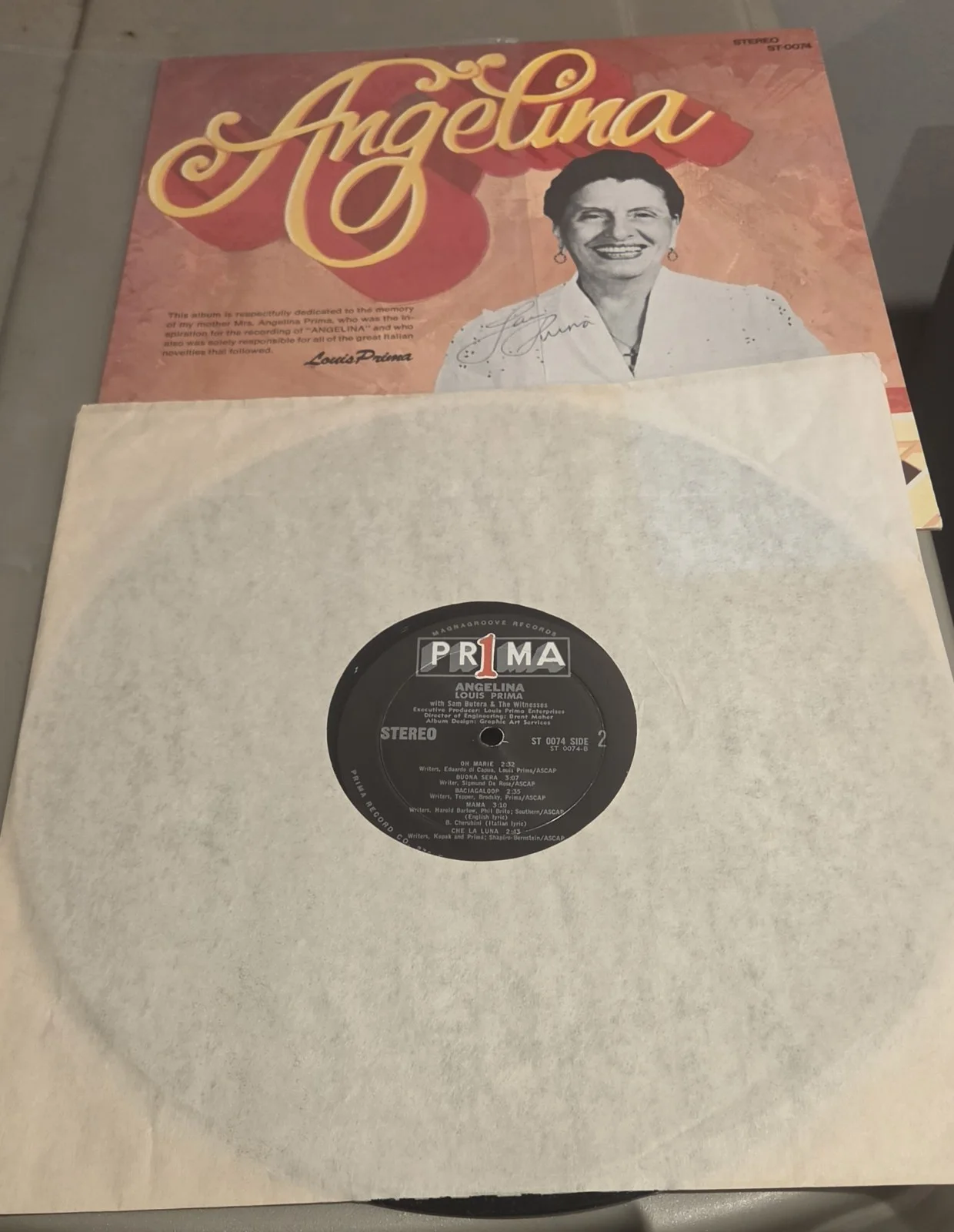 Louis Prima Angelina Signed Autographed Record LP, image 3