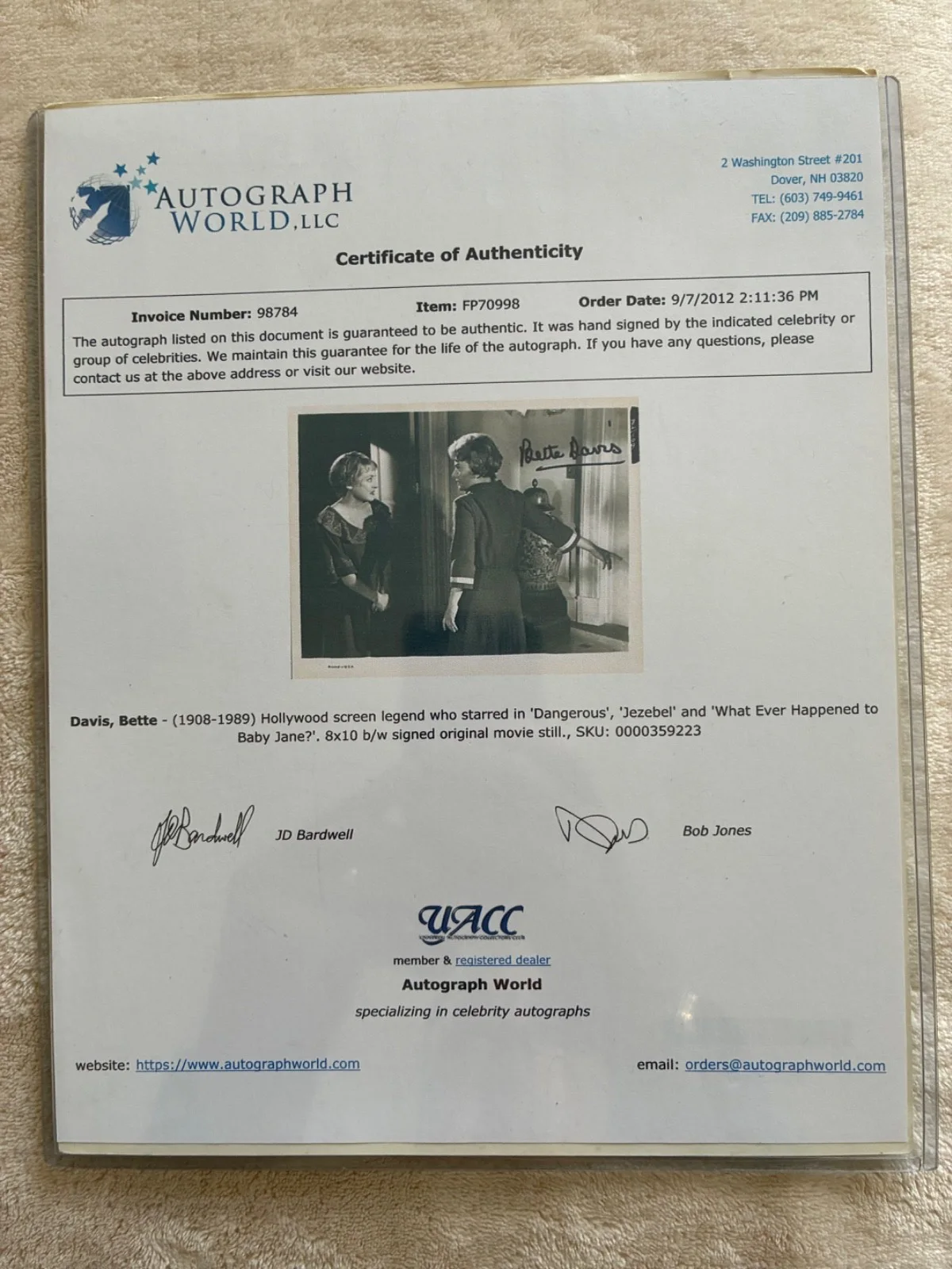 BETTE DAVIS Signed 8x10 Photograph movie scene COA authenticated Autograph World, изображение 3