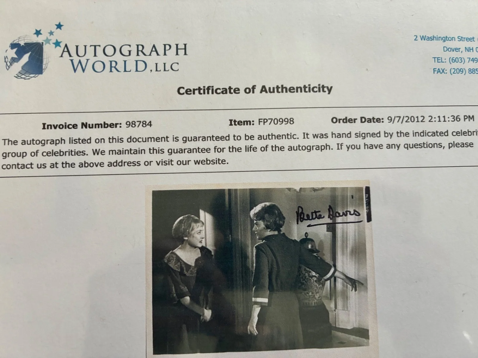 BETTE DAVIS Signed 8x10 Photograph movie scene COA authenticated Autograph World, изображение 4