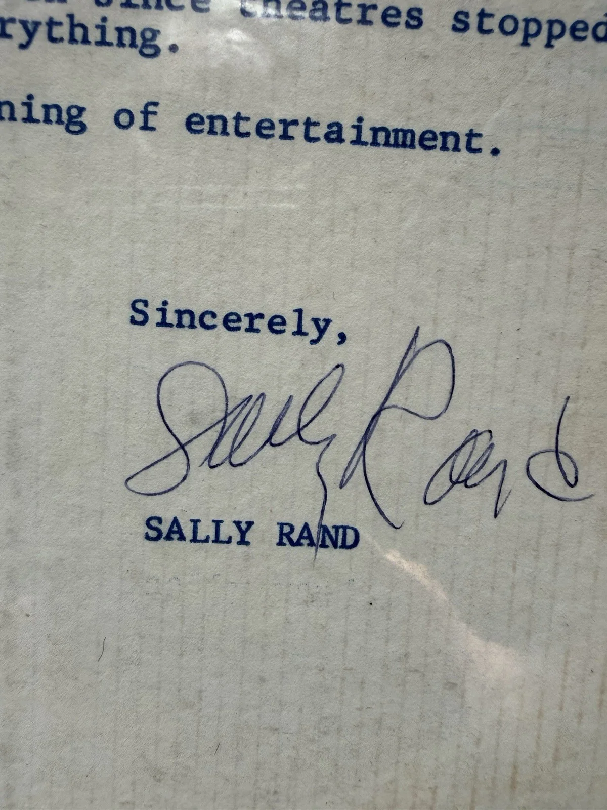 SALLY RAND 1970 Signed Letter Actress/Dancer, image 2