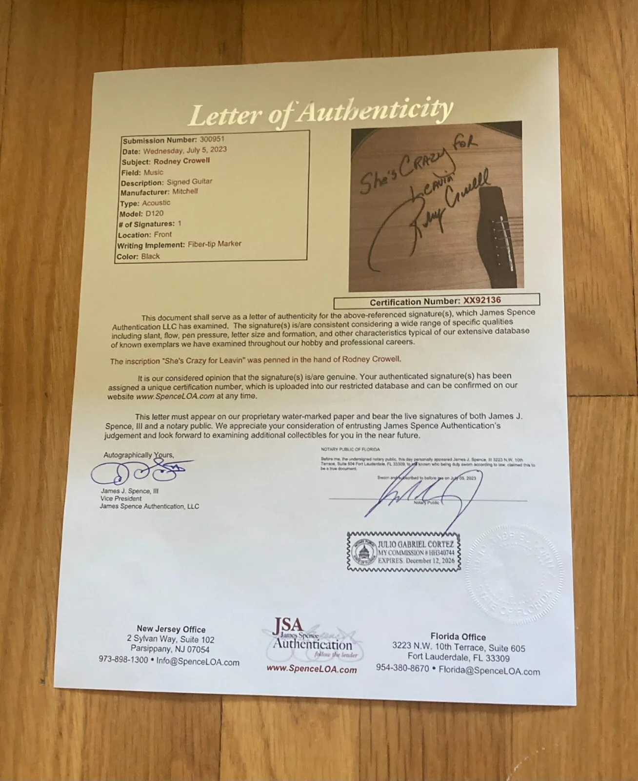 Rodney Crowell signed Acoustic Guitar "She's Crazy For Leavin" JSA COA LOA, image 3