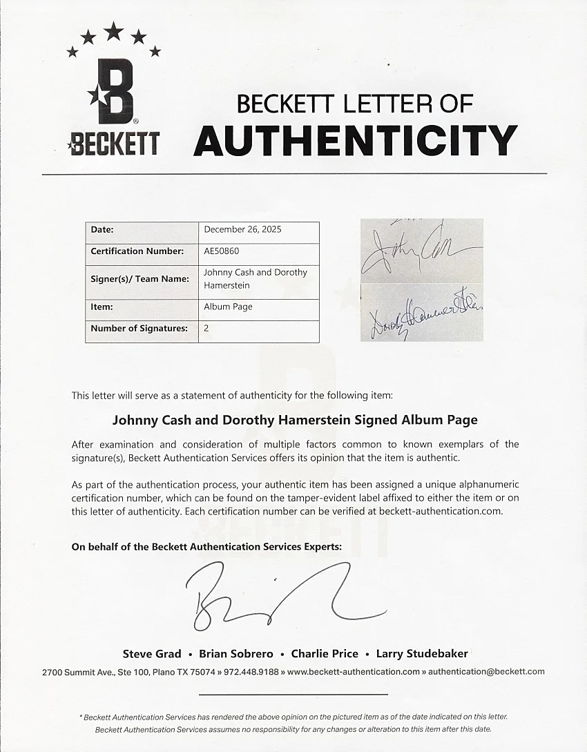 Johnny Cash Signed “Sincerely” Album Page Matted Framed Display Piece BAS, image 4
