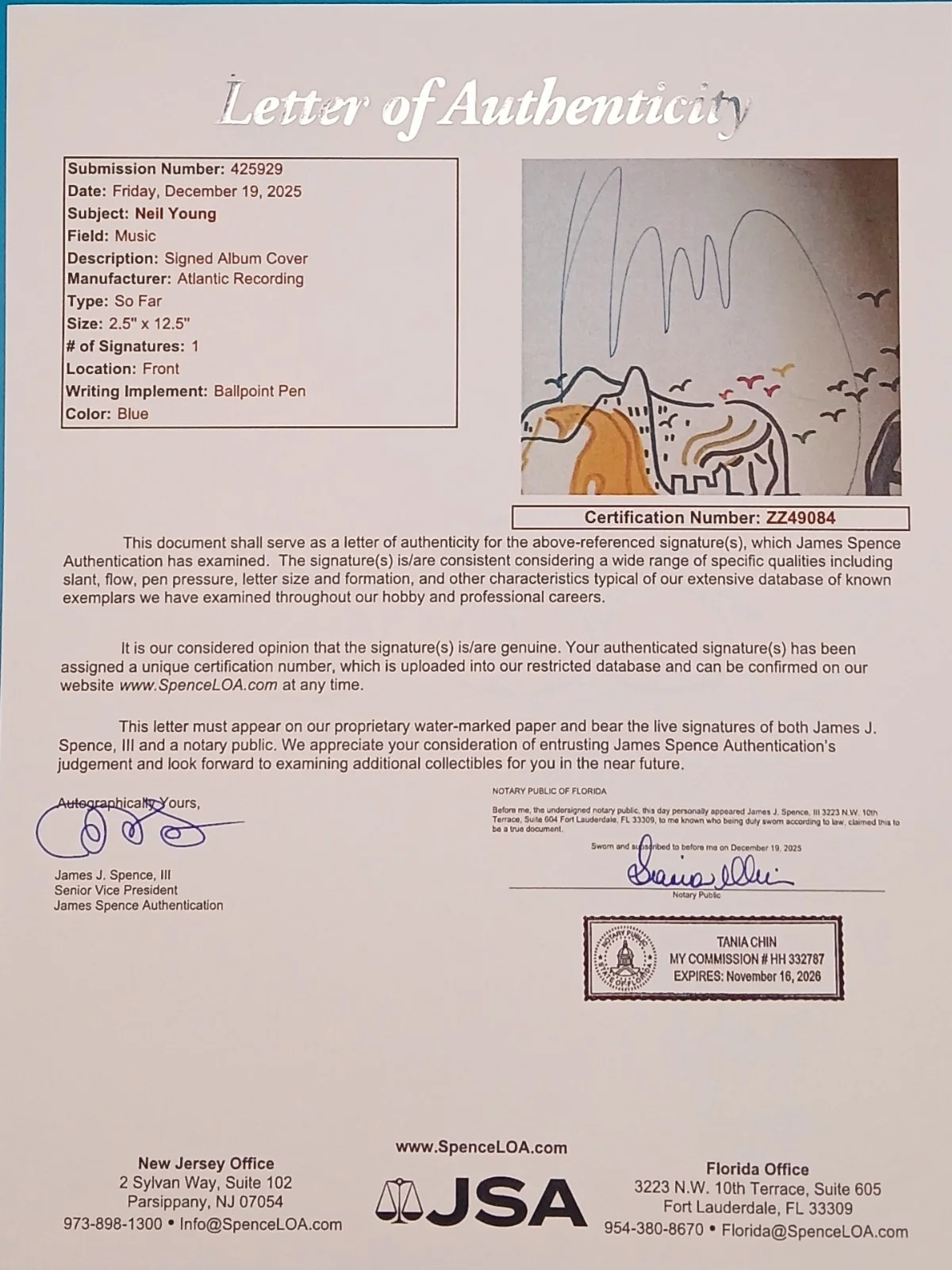 Neil Young Signed Autographed Record Album Cover JSA COA Authenticated, image 3