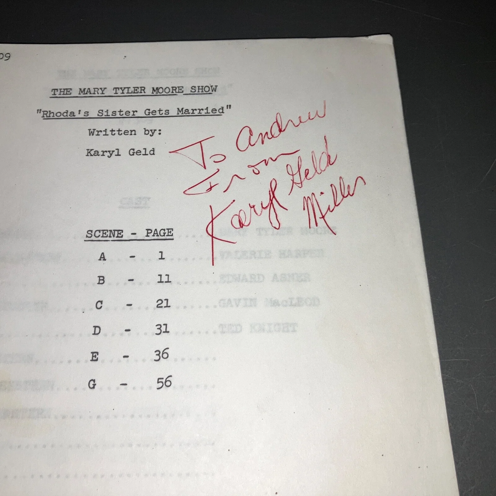 KARYL GELD — Original 1973 Mary Tyler Moore Show TV Script Rhoda’s Sister Gets Married Signed, изображение 2