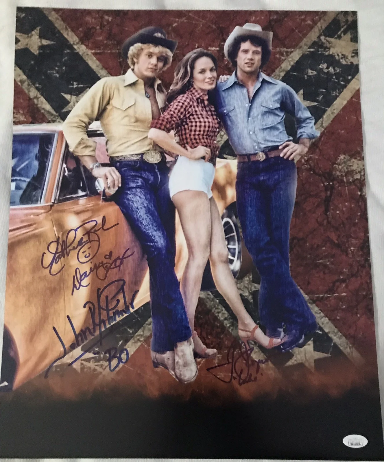 CATHERINE BACH TOM WOPAT JOHN SCHNIDER — DUKES OF HAZZARD CATHERINE BACH TOM WOPAT JOHN SCHNIDER HAND SIGNED 16X20 PHOTO