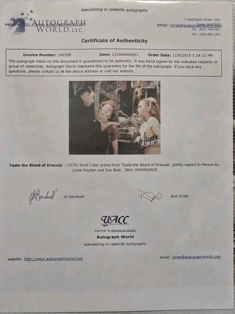 Linda Hayden — LINDA HAYDEN / ISLA BLAIR (Taste The Blood of Dracula) Signed 8x10 Picture & COA, изображение 5