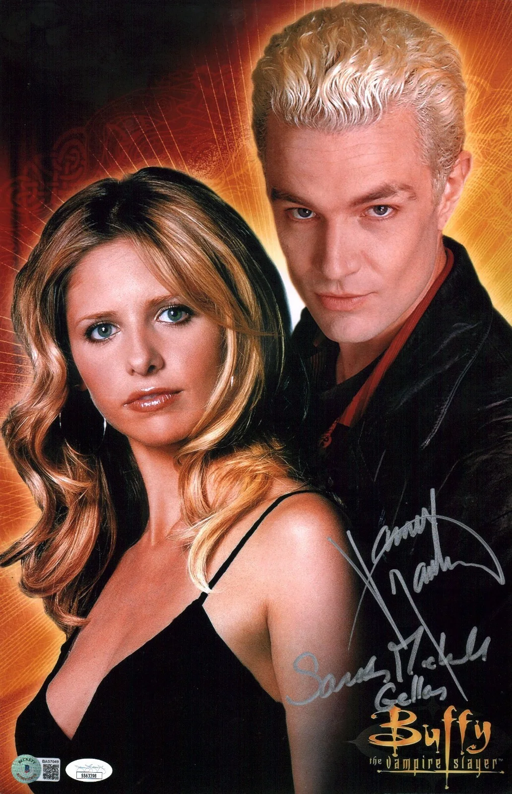 Sarah Michelle Gellar, James Marsters — Buffy the Vampire Slayer 11x17 Photo Poster Signed Cast x2 Becket JSA Cert Auto