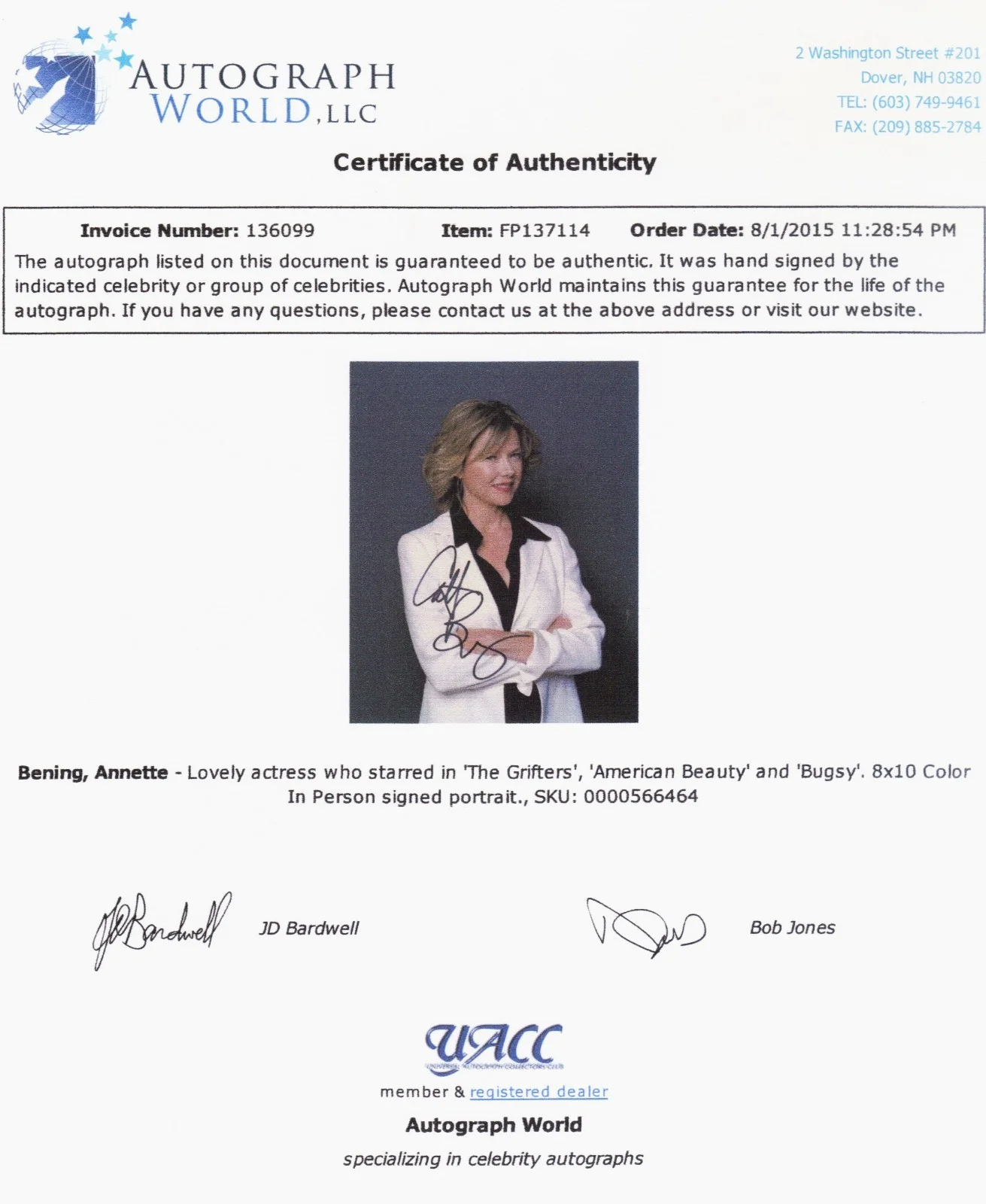 Annette Bening — AUTOGRAPHED 8X10 SIGNED BY ANNETTE BENING STARRED IN AMERICAN BEAUTY UACC COA, изображение 2