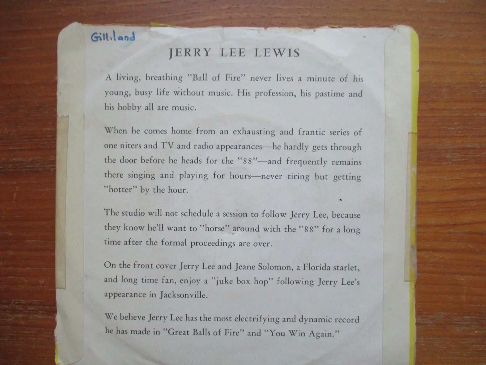 Jerry Lee Lewis Signed Sun 45 record Great Balls of Fire John Gilliland Estate, изображение 4