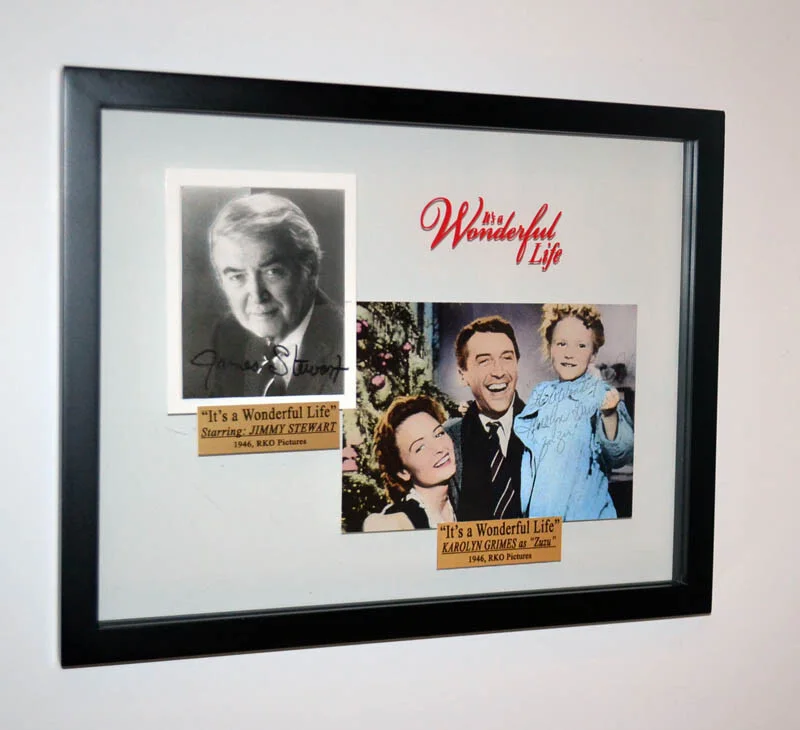 JIMMY STEWART, KAROLYN GRIMES — JIMMY STEWART & ZUZU Signed IT'S A WONDERFUL LIFE, COA DVD, Ornament, UACC Frame