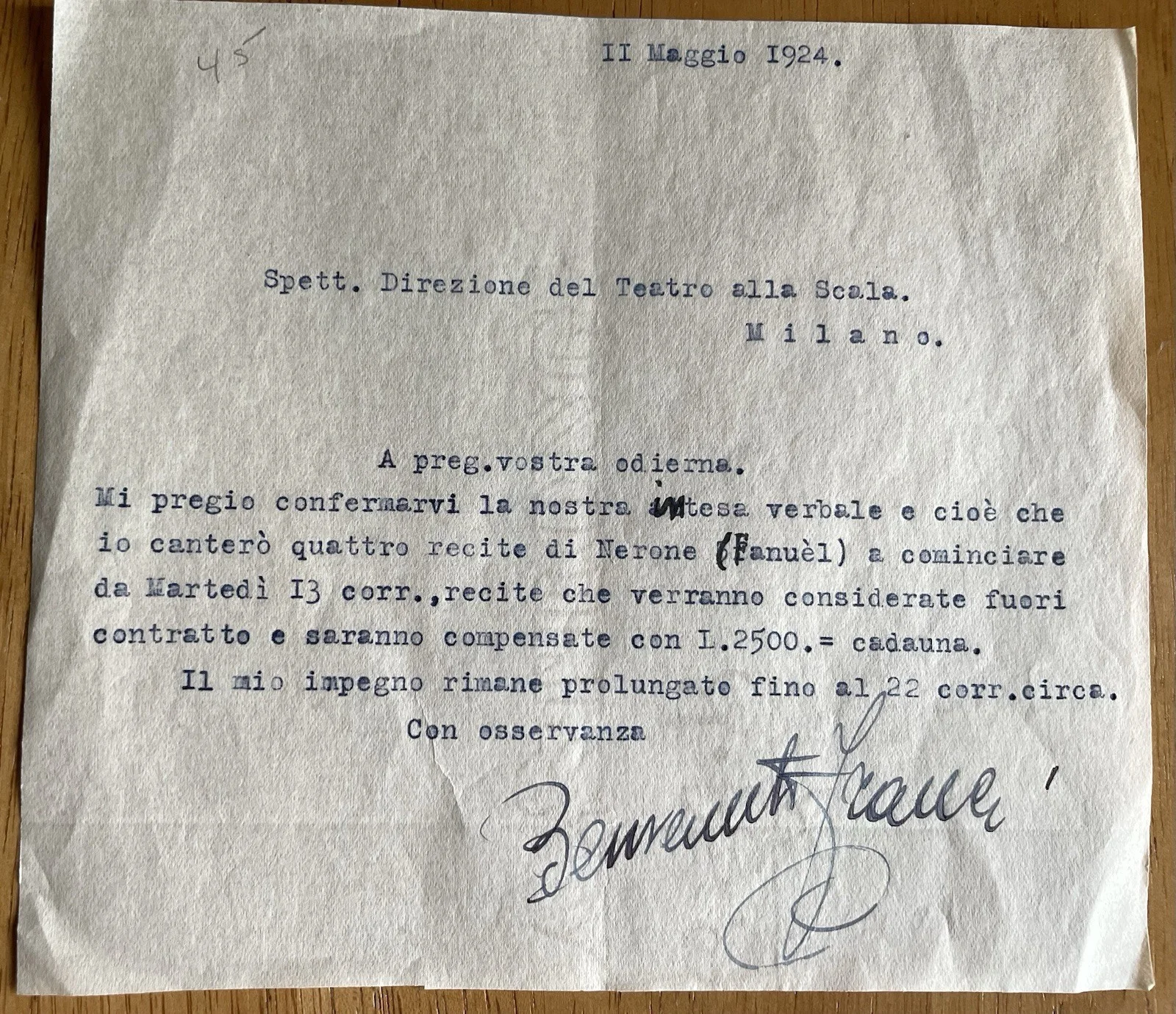 Italian Opera Baritone Benvenuto Franci Autograph Letter, изображение 2