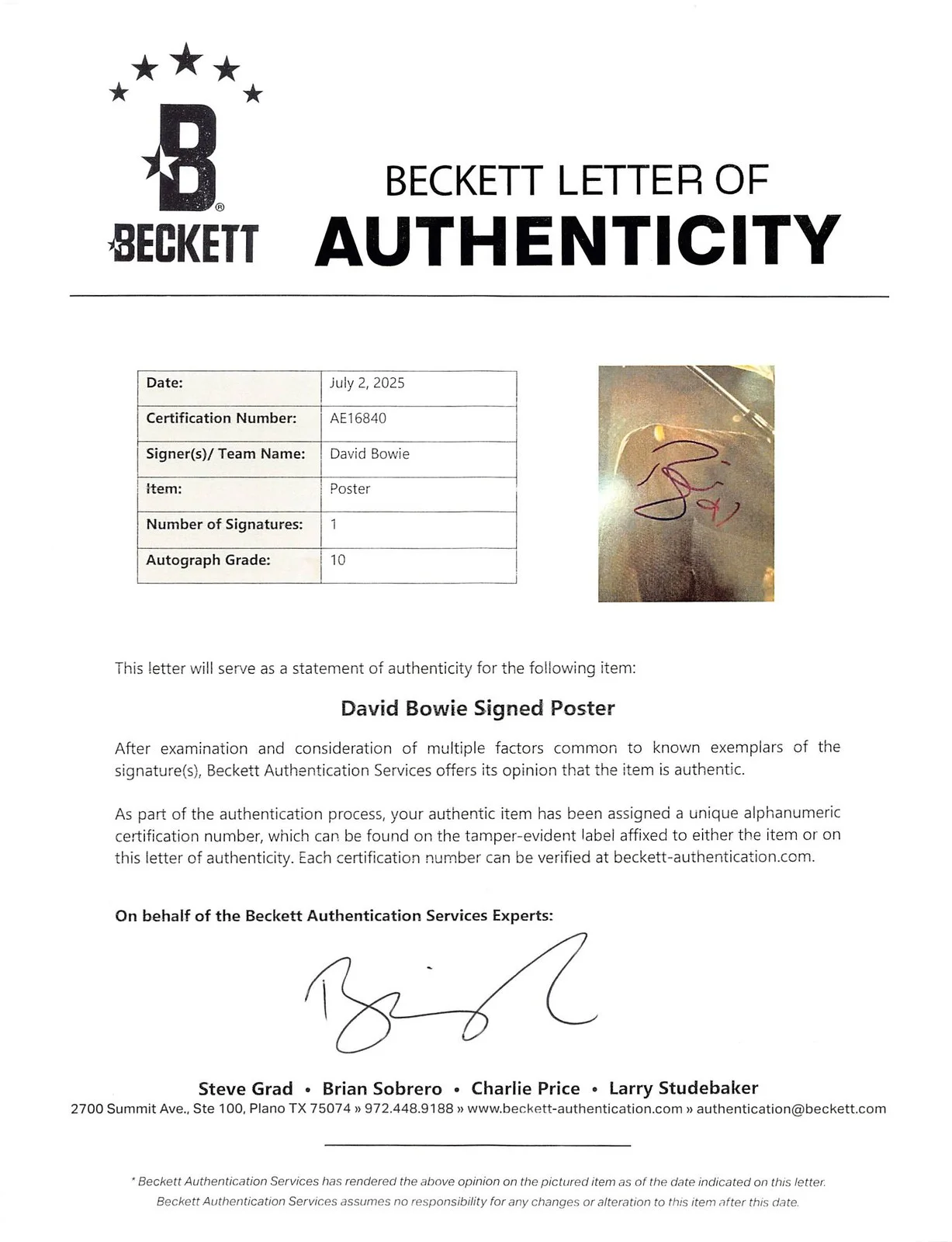 David Bowie — David Bowie Authentic Signed 19x25 Poster Auto Graded Gem Mint 10! BAS #AE16840, image 3