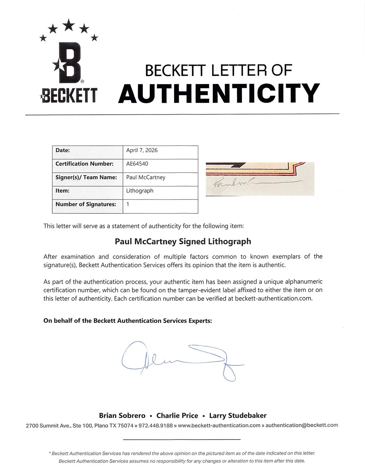 Paul McCartney — Paul McCartney Signed 16.5x23.5 Lithograph Limited Edition #70/100 BAS #AE64540, изображение 3