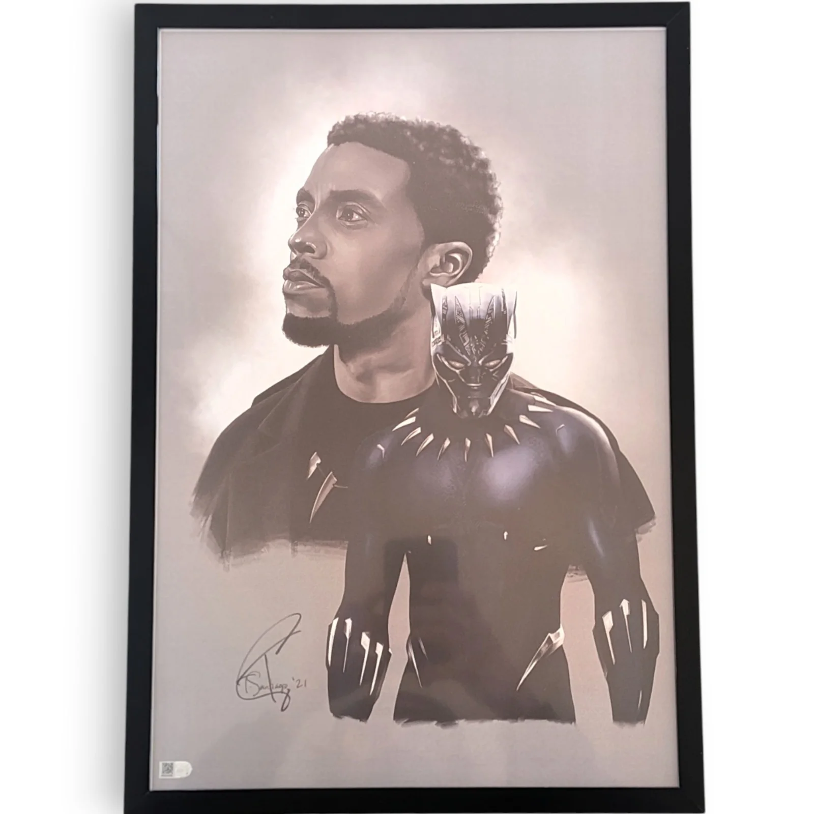 Tony Santiago — BLACK PANTHER LITHOGRAPH TONY SANTIAGO SIGNED 13X19 COA FRAMED CHADWICK BOSEMAN