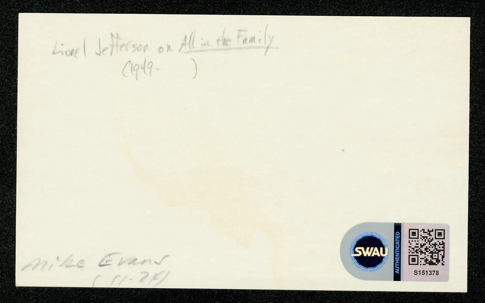 Mike Evans Signed Autographed 3x5 Card SWAU Cert Actor The Jeffersons Lionel, image 2