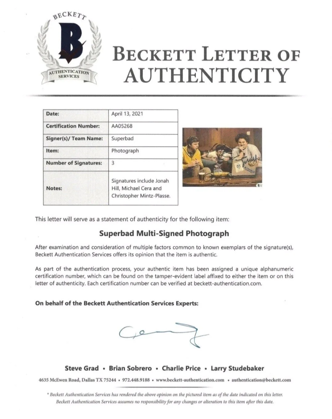 Jonah Hill, Michael Cera, Christopher Mintz-Plasse — SUPERBAD Jonah Hill & Michael Cera & Christopher Mintz-Plasse signed-Beckett coa, image 2