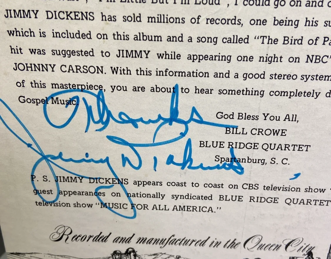 Little Jimmy Dickens & Blue Ridge Band Signed Album "Hymns of the Hour", изображение 3