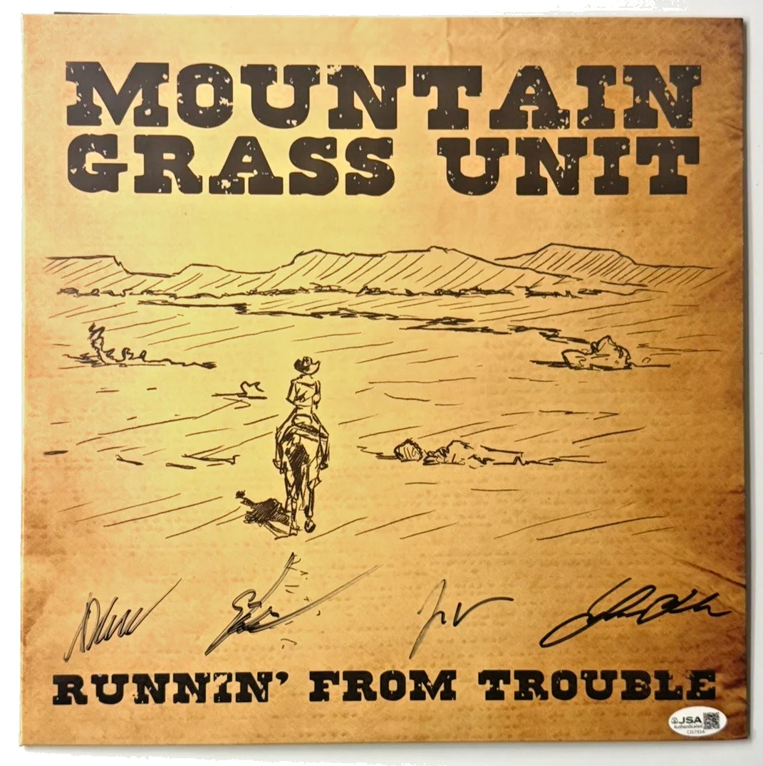 Mountain Grass Unit Signed Vinyl LP Runnin From Trouble 4 Autos JSA COA, image 2