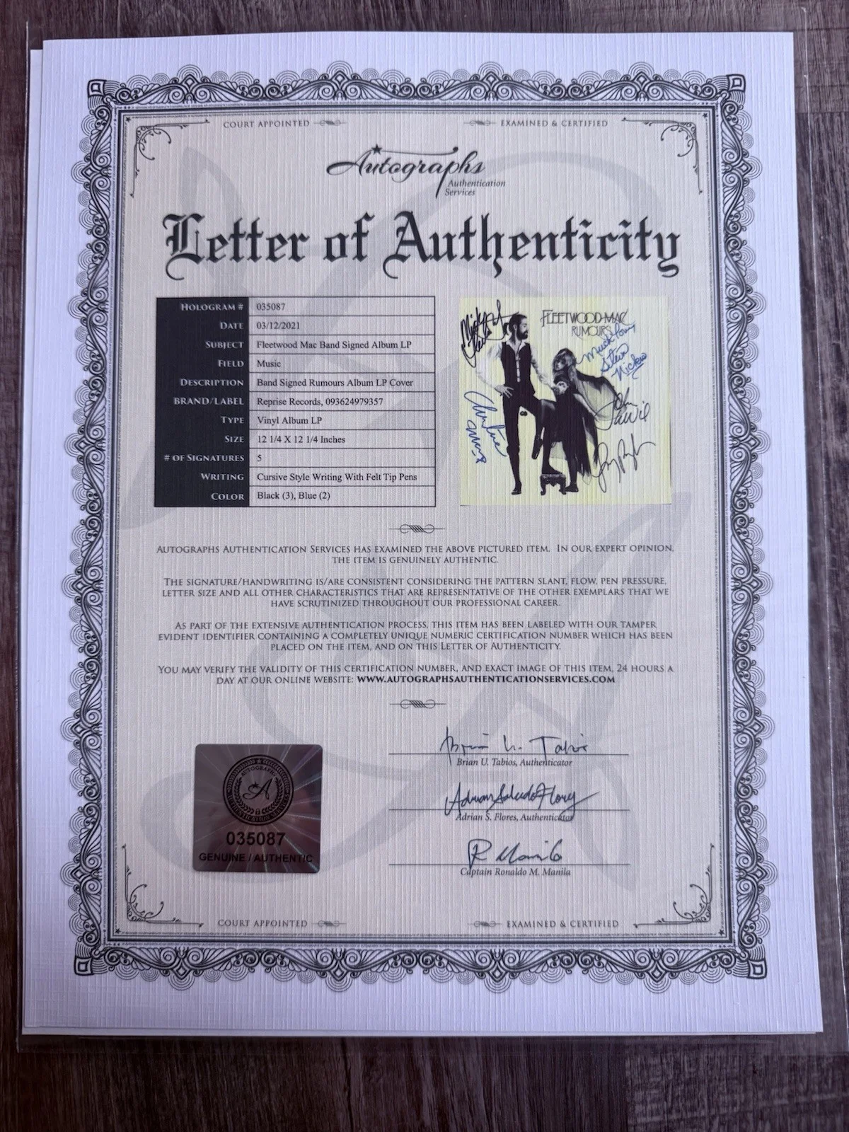 Signed Fleetwood Mac Rumors Album, All 5, With COA, изображение 2