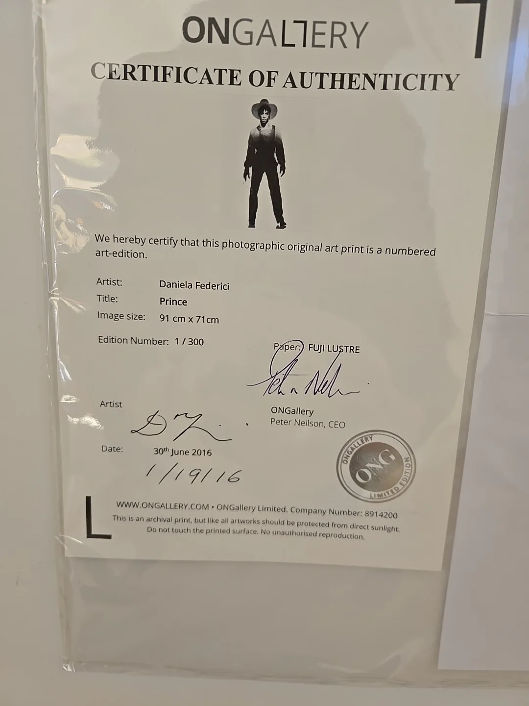 PRINCE ORIGINAL PHOTOGRAPH SIGNED LIMITED EDITION NUMBER 1 OUT Of 300..., изображение 5