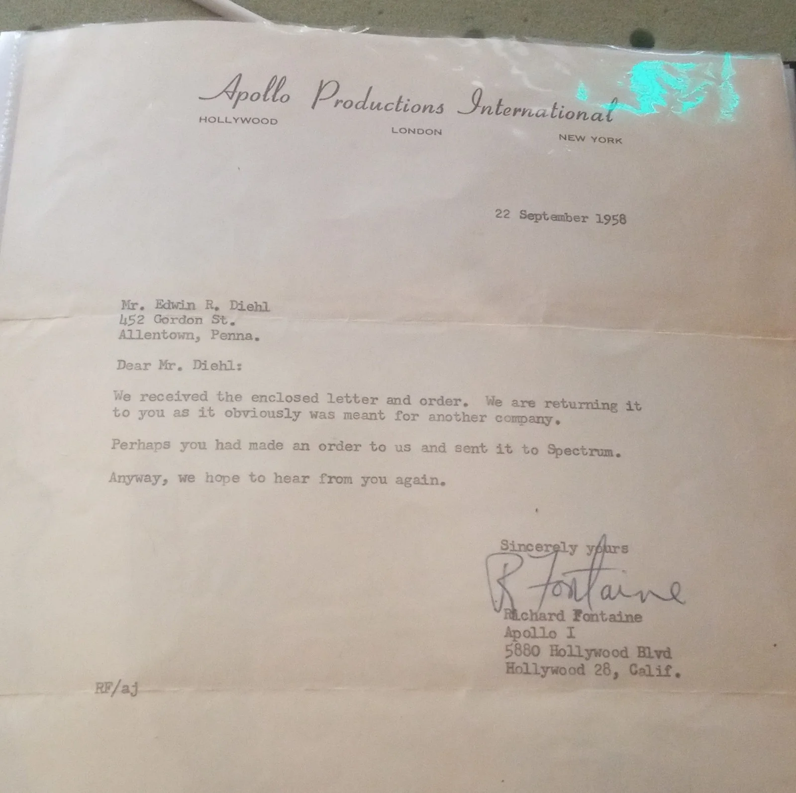 Richard Fontaine — Apollo Productions International Original Autographed Letter Richard Fontaine
