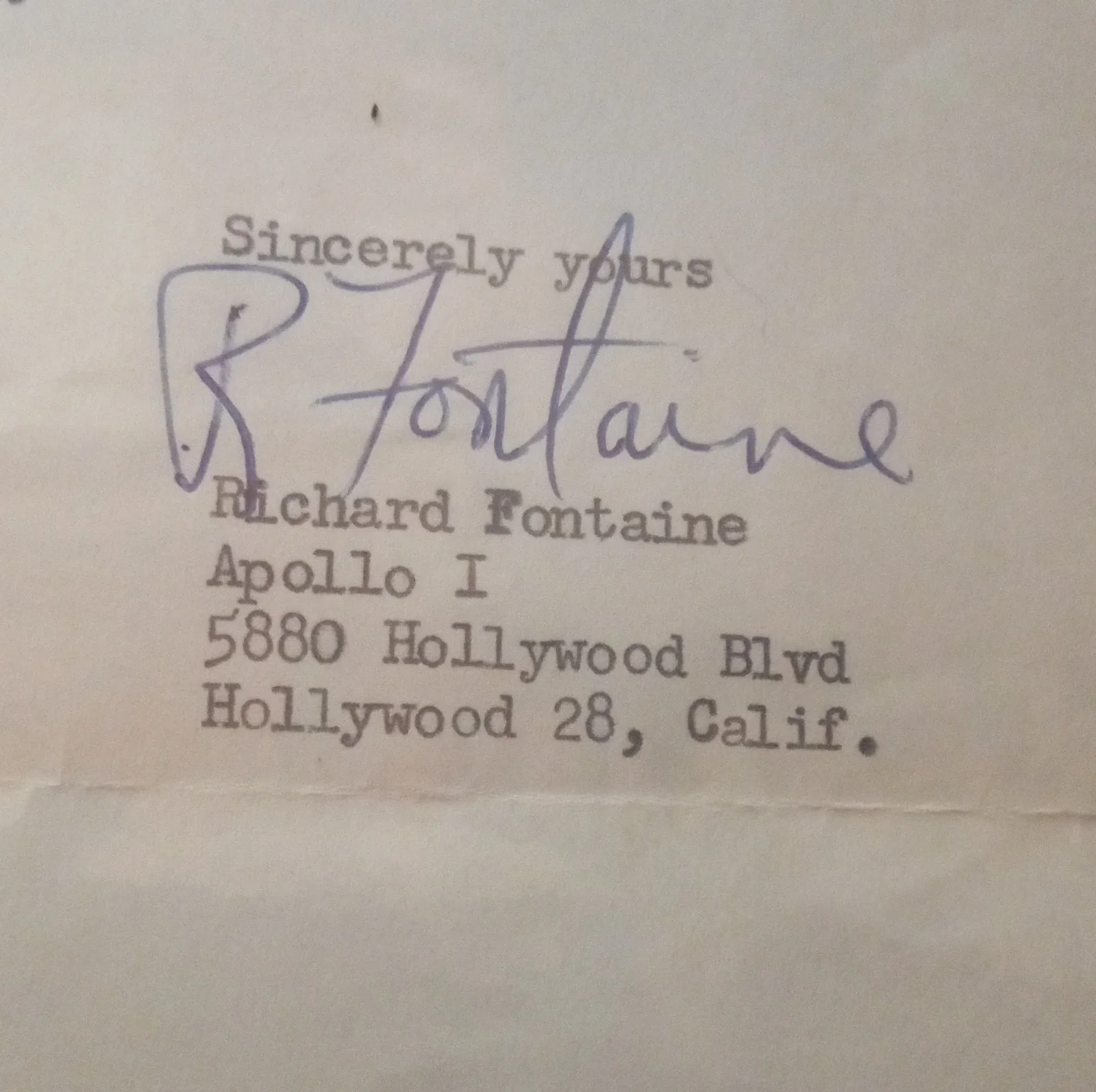 Richard Fontaine — Apollo Productions International Original Autographed Letter Richard Fontaine, изображение 2