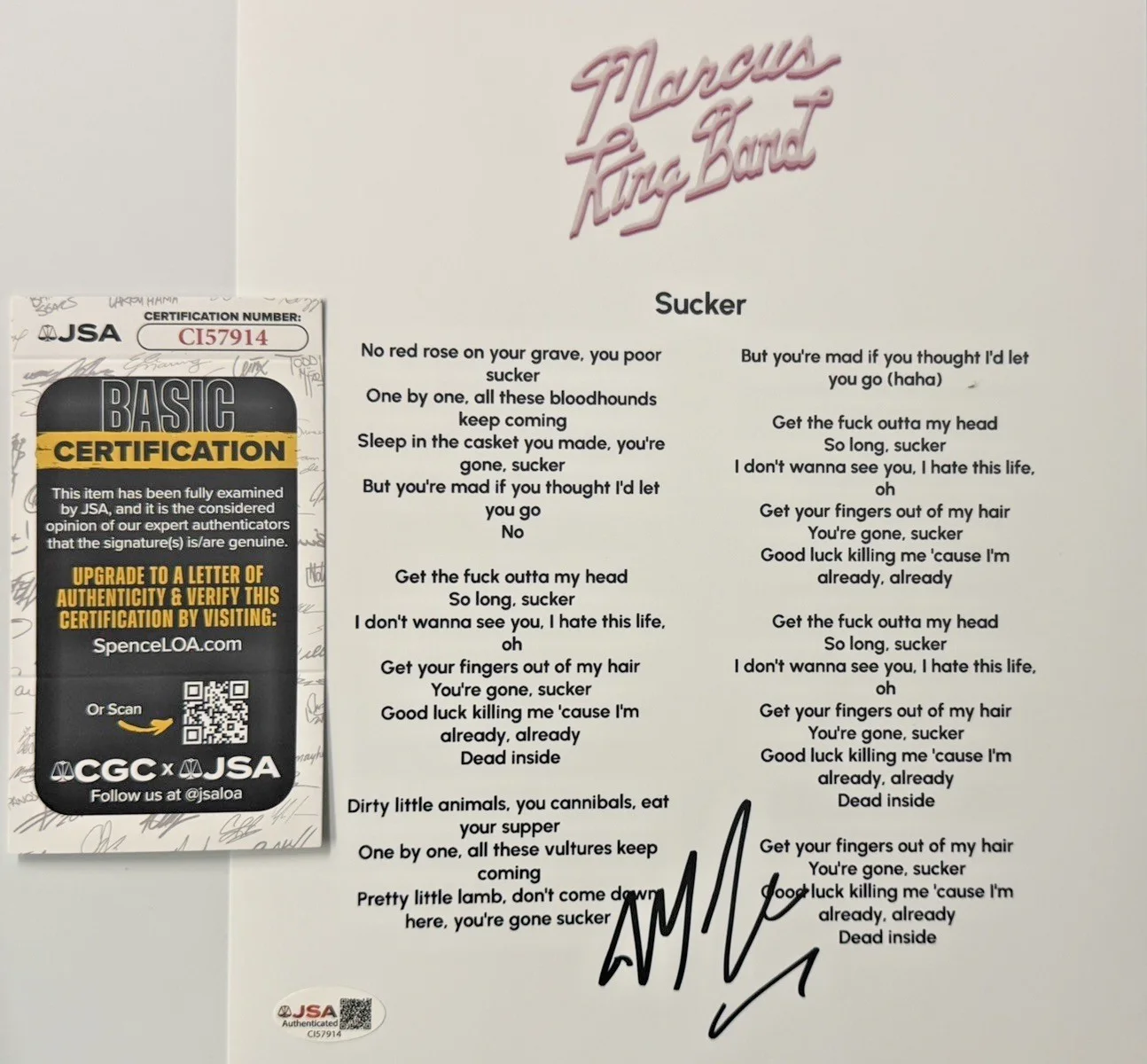 Marcus King Signed “Sucker” Lyrics Sheet 8x10 – Autographed – JSA COA (CI57914), image 3