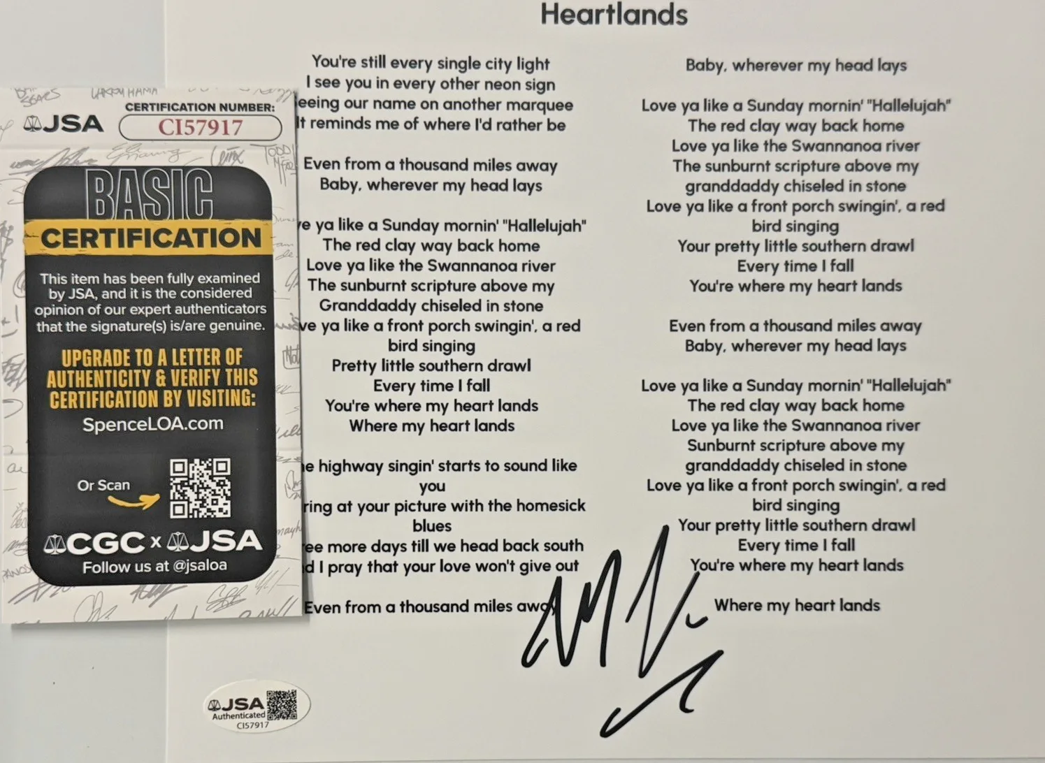 Marcus King Signed “Heartlands” 8x10 Lyrics Sheet – Autographed Auto- JSA COA, image 4