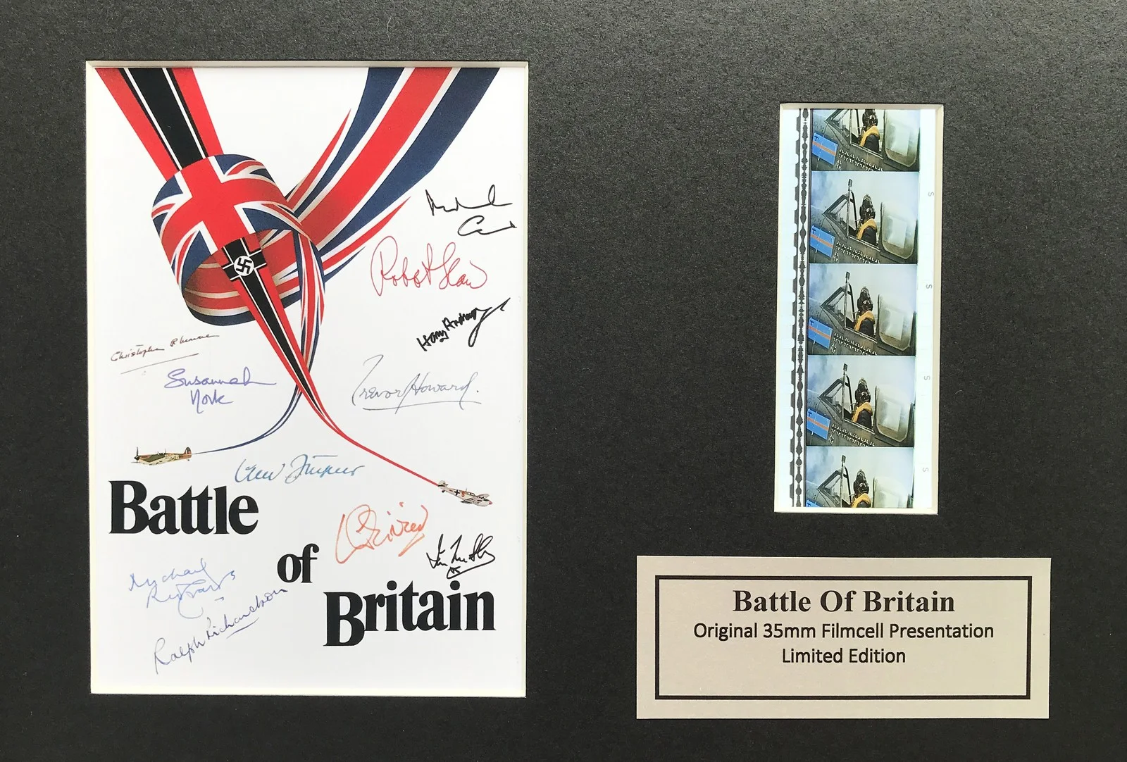 BATTLE of BRITAIN Cast Signed + Original 35mm Filmcells set in Quality Wood, изображение 2