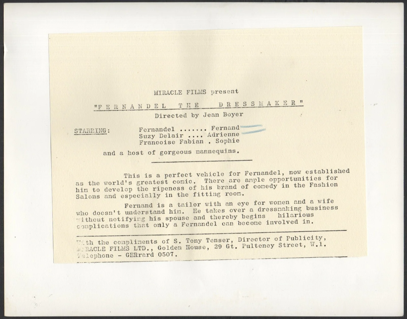 FERNANDEL THE DRESSMAKER 1956 Fernandel, Suzy Delair 10x8 STILL, изображение 2