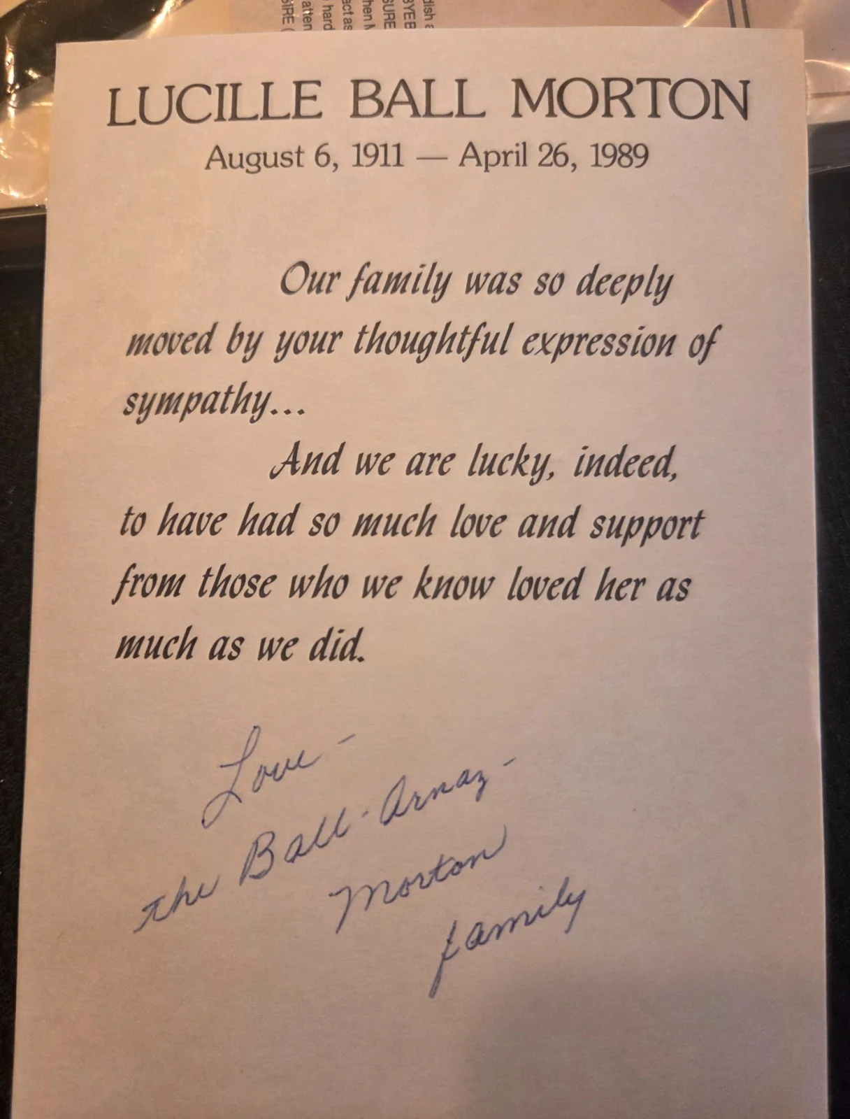 Lucille Ball Condolence Card Funeral I Love Lucy Legends Death EXTREMELY RARE!, изображение 2