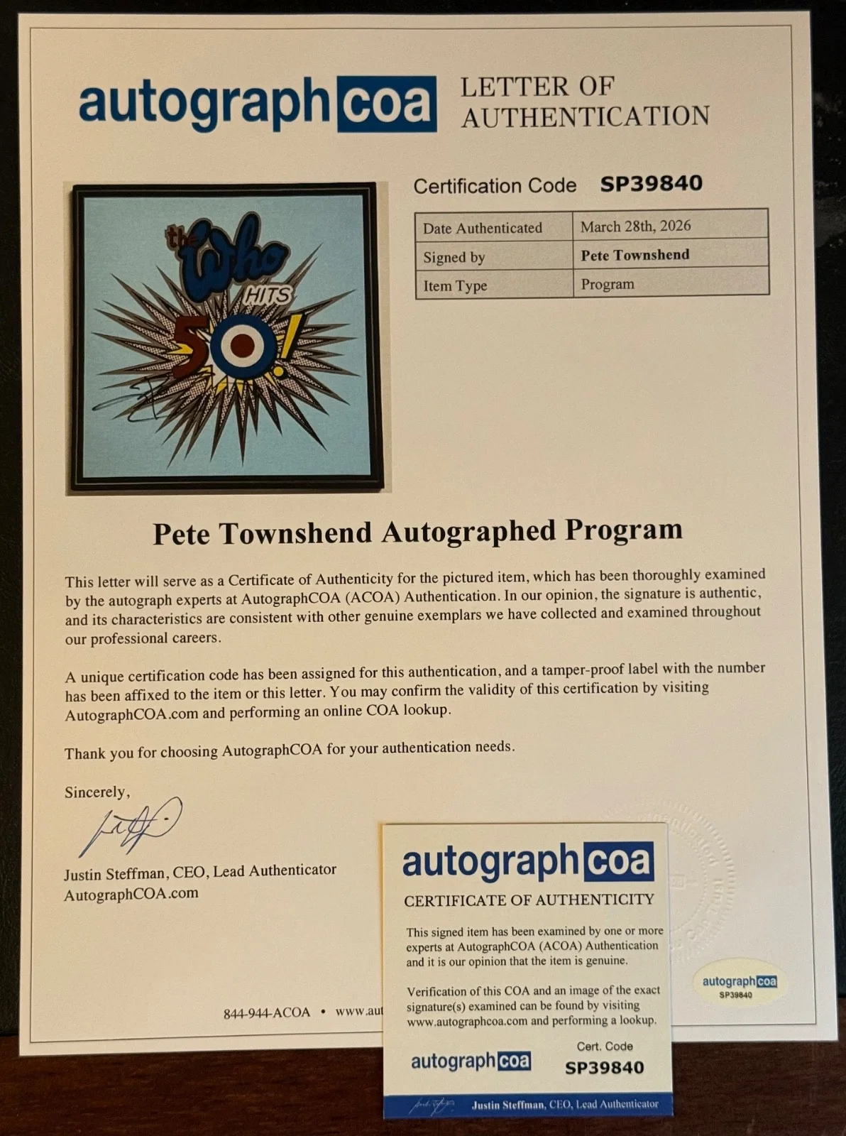Pete Townshend Signed The Who Hits 50! Official Tour Program W ACOA LOA & Proof, изображение 2