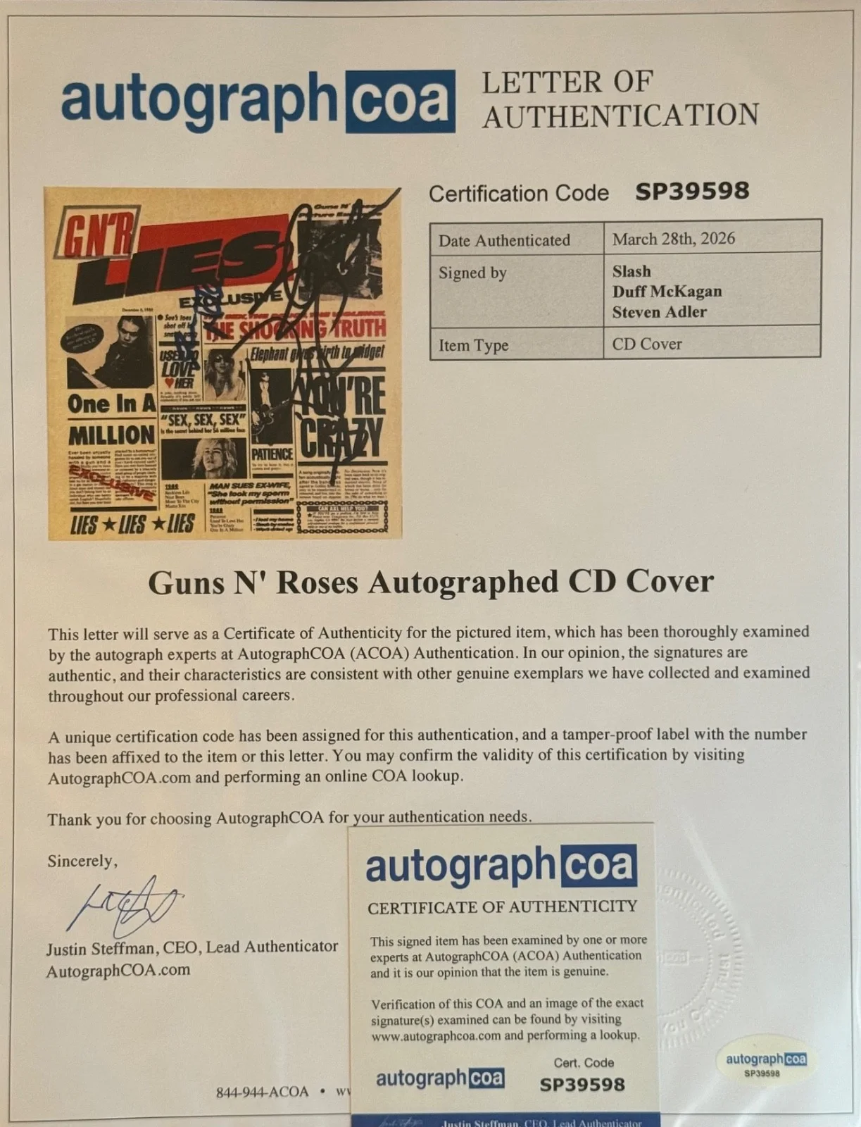 GNR Guns N Roses SIGNED Autographed Lies CD Cover Slash Duff Steven with ACOA, image 2