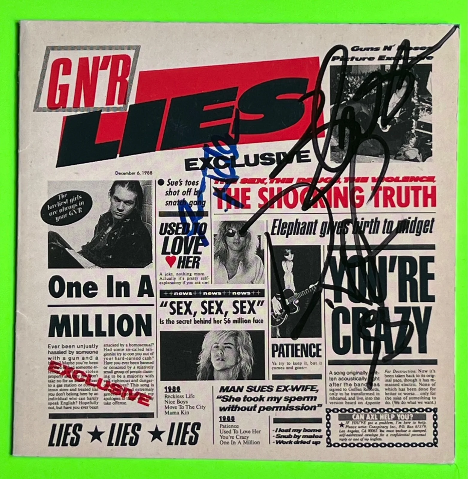 GNR Guns N Roses SIGNED Autographed Lies CD Cover Slash Duff Steven with ACOA, image 3