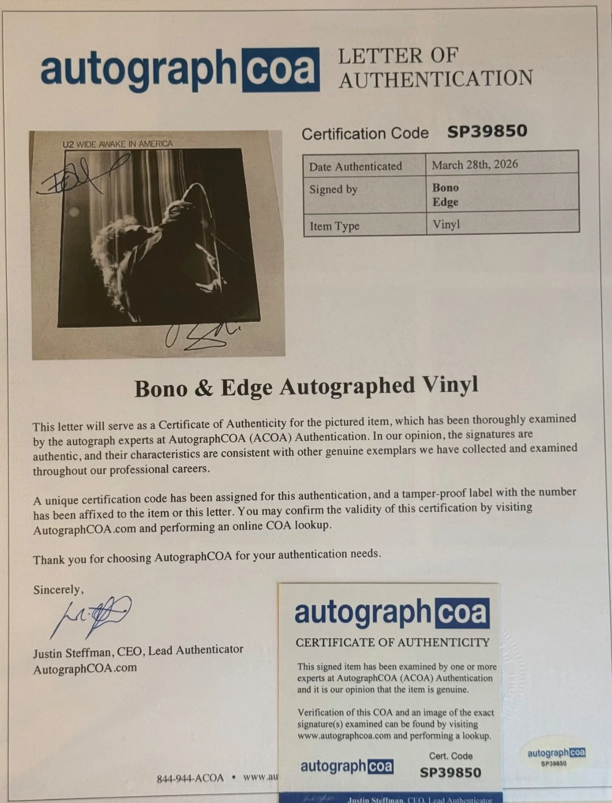 Bono & The Edge U2 Signed Wide Awake In America LP Record Album Vinyl - ACOA LOA, изображение 2