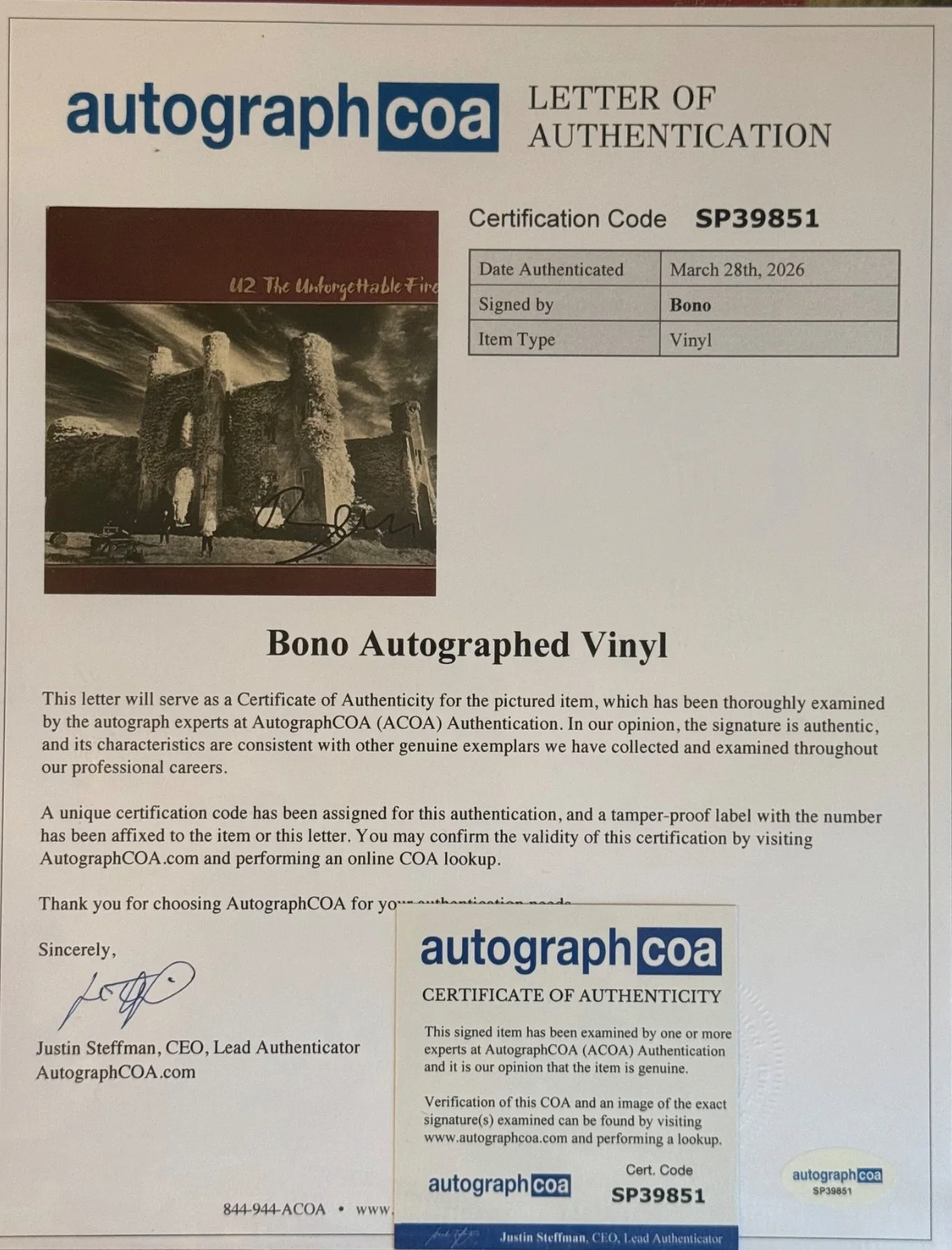 Bono U2 The Unforgettable Fire Signed Autograph LP Record Album Vinyl - ACOA LOA, image 2