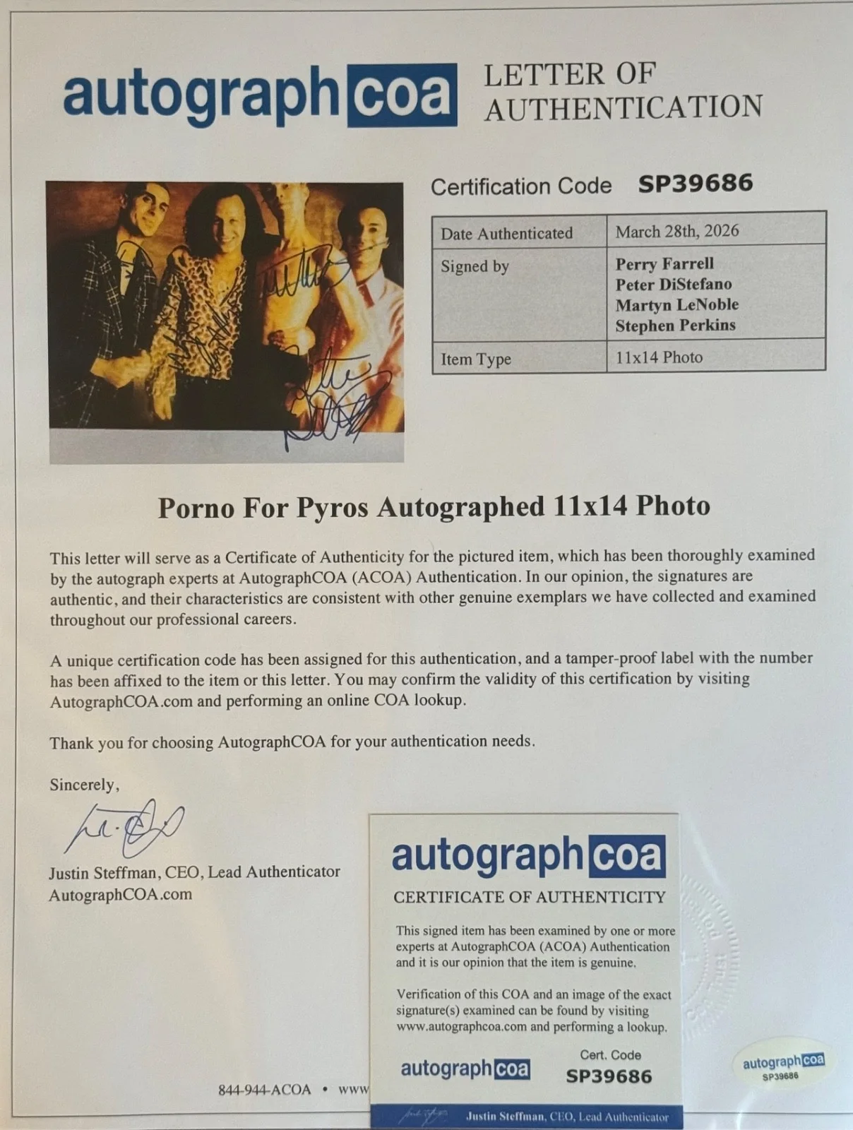 Porno For Pyros SIGNED 11x14 Autographed Perry Farrell Jane's Addiction w ACOA, изображение 2
