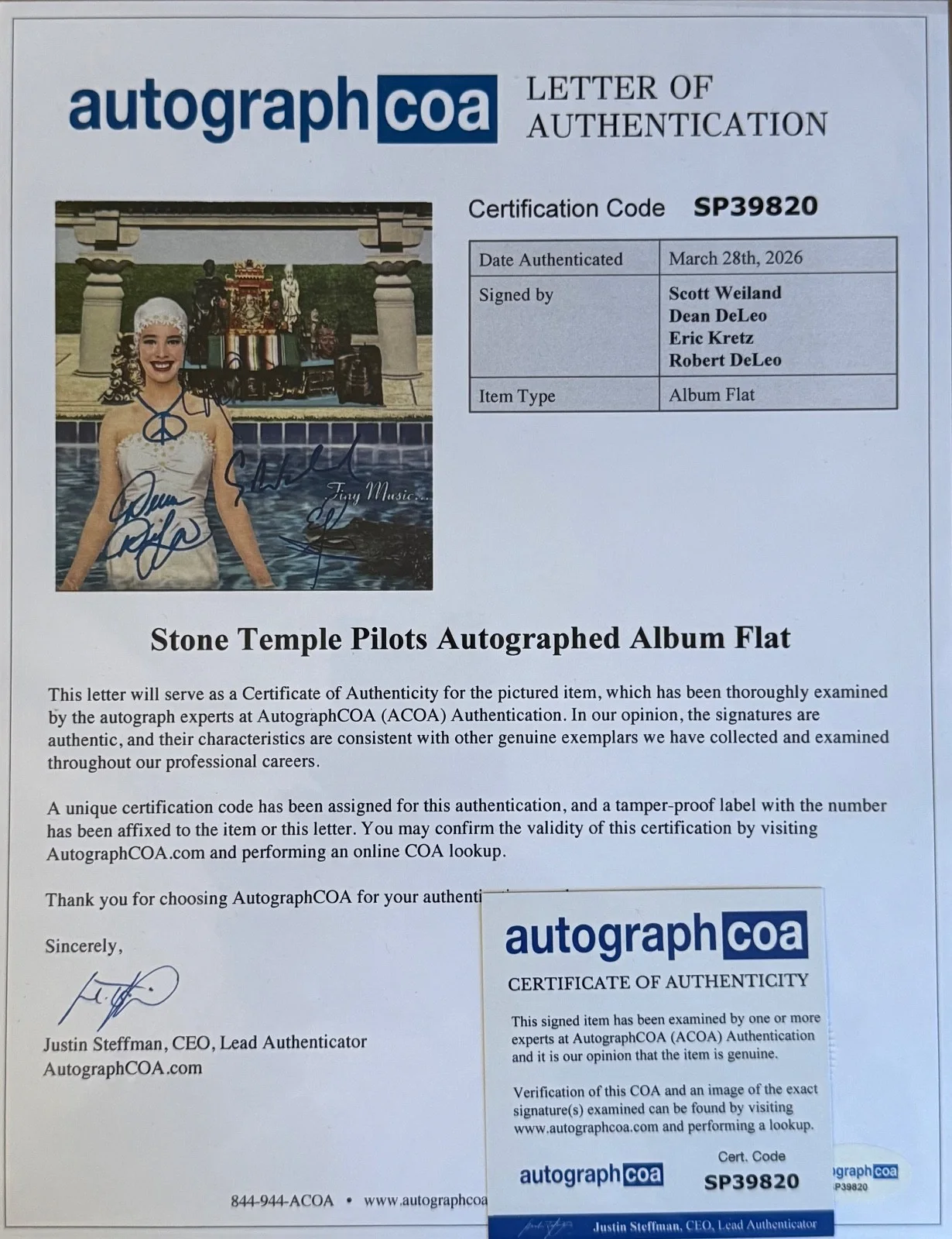 Scott Weiland Dean Robert Eric SIGNED Stone Temple Pilots STP 12x12 Flat w ACOA, image 2