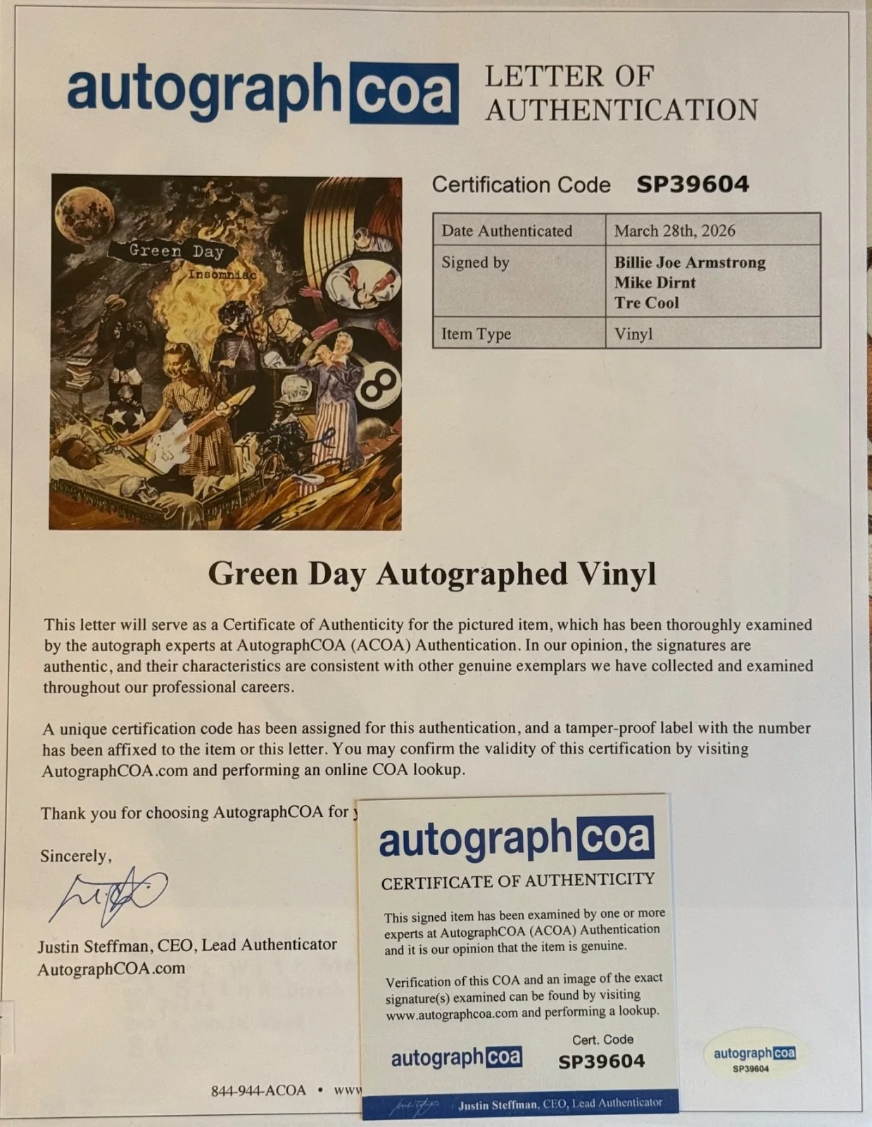 Billie Joe Armstrong Tre Cool Mike Dirnt SIGNED Auto Insomniac Green Day LP ACOA, image 2