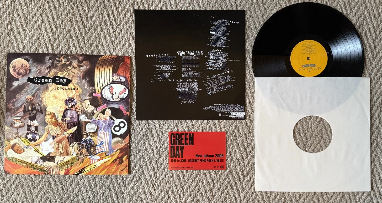 Billie Joe Armstrong Tre Cool Mike Dirnt SIGNED Auto Insomniac Green Day LP ACOA, image 5