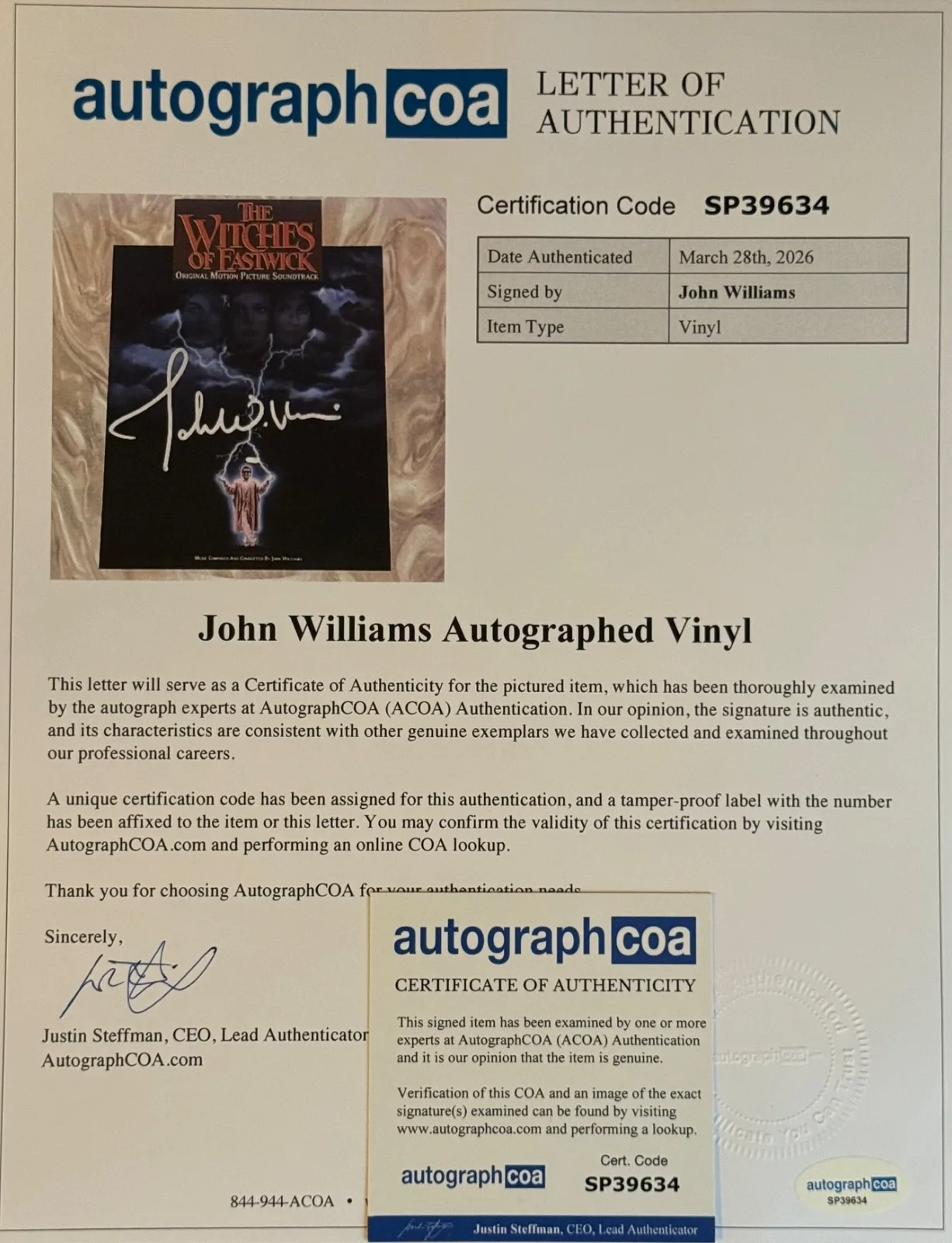 John williams — John Williams Signed The Witches Of Eastwick Soundtrack Lp Star Wars W ACOA & K9, изображение 2