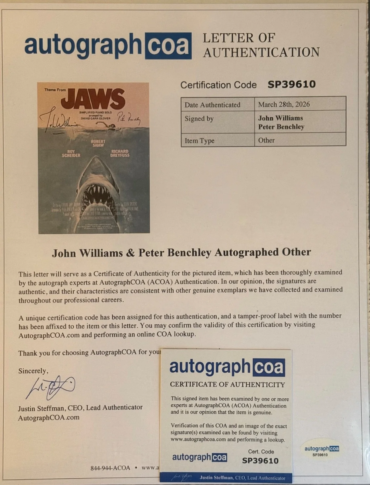 John williams — John Williams Peter Benchley Signed Jaws Piano Music Prog RARE Vintage ACOA K9, image 2