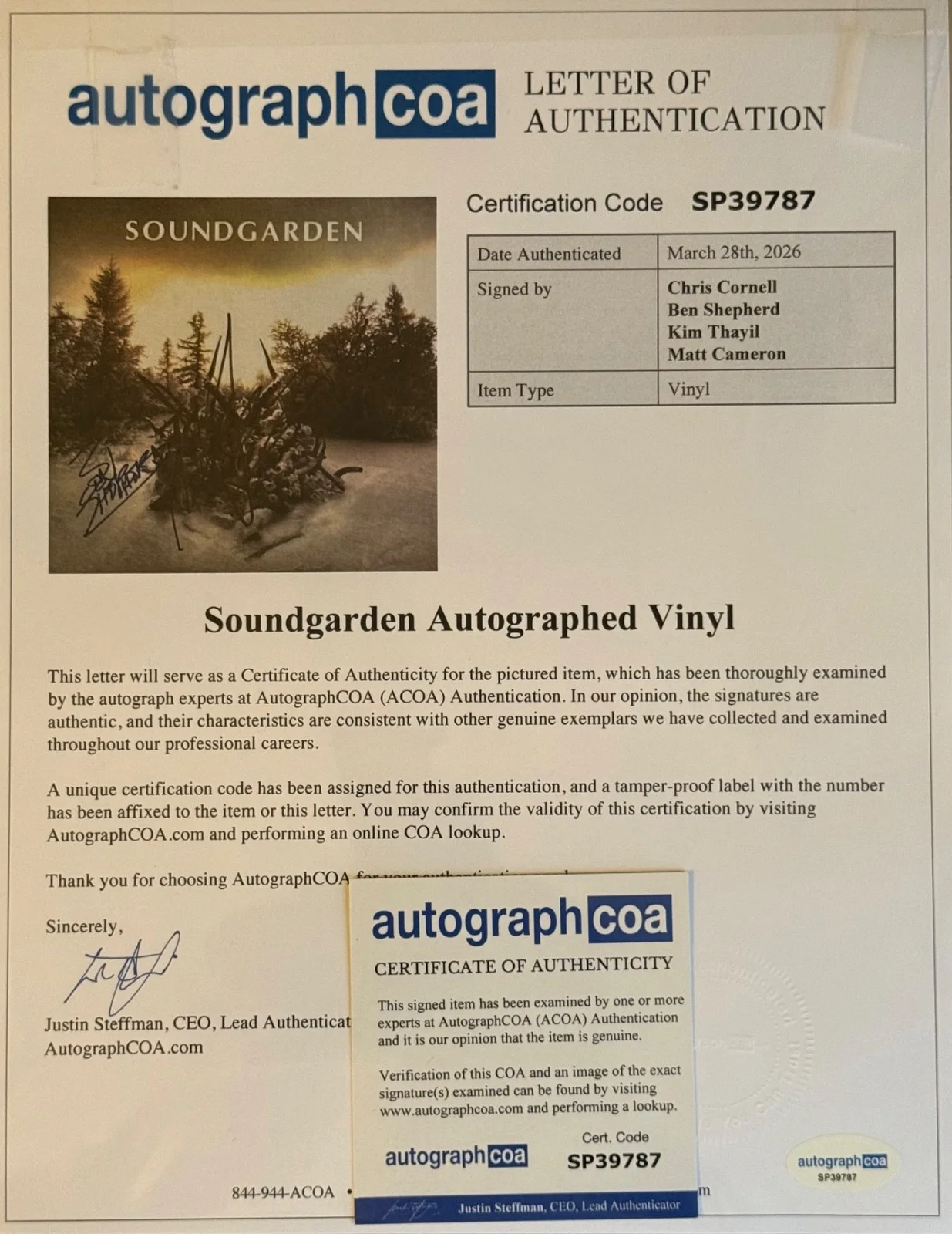 Soundgarden Chris Cornell Matt Kim Ben SIGNED King Animal Record LP PROOF ACOA, image 2