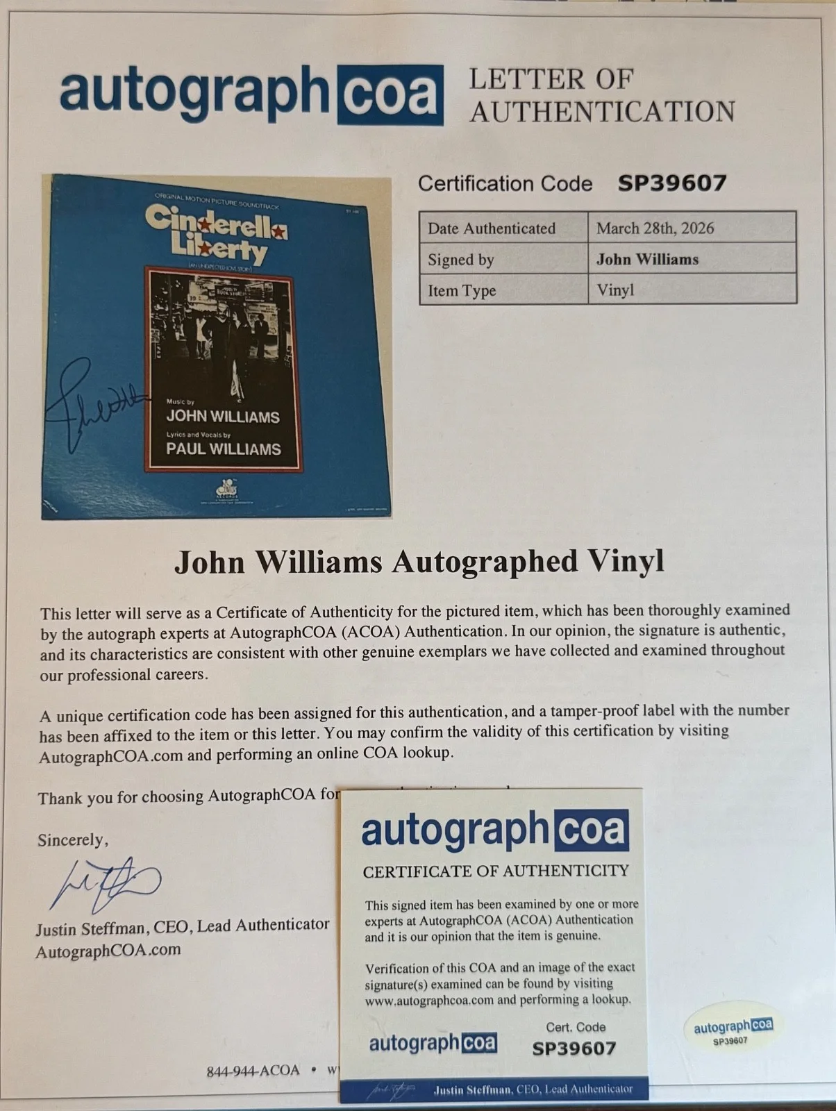 John williams — John Williams Signed Cinderella Liberty Soundtrack Lp Star Wars Jaws ACOA & K9, изображение 2