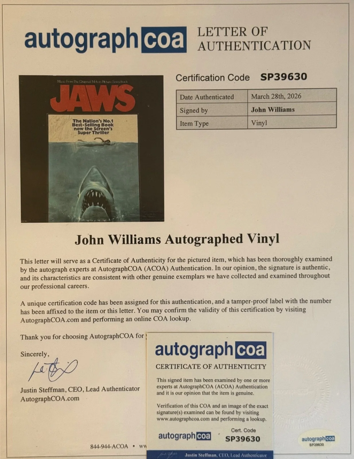 John williams — Vintage John Williams Signed Jaws Soundtrack Lp Record Star Wars K9 w ACOA LOA, image 2