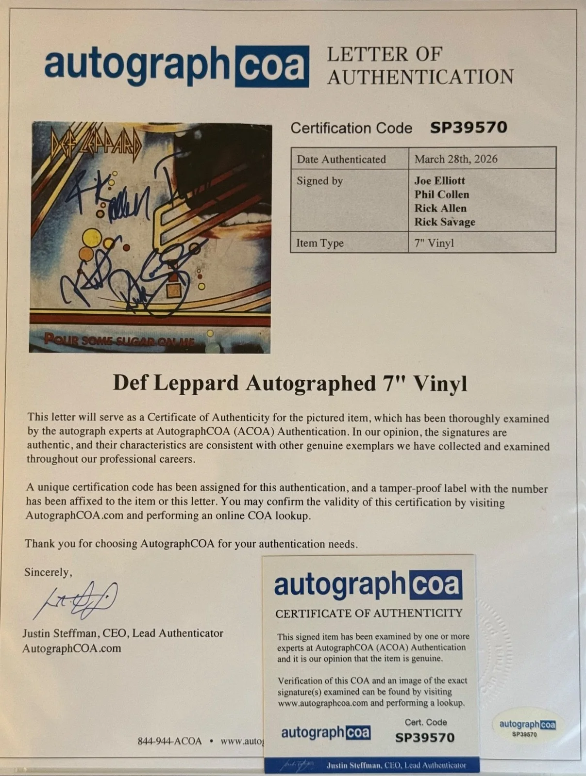 Def Leppard SIGNED 7” Record Joe Elliott Rick Allen Savage Phil Collen w ACOA, изображение 2