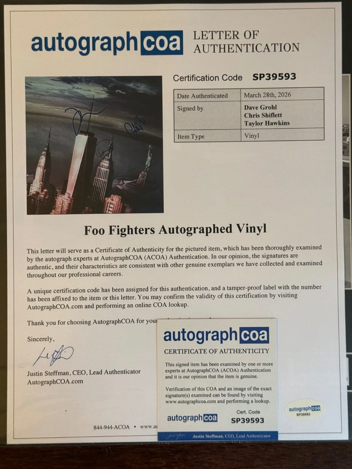 Foo Fighters SIGNED Auto LP Dave Grohl Taylor Hawkins Chris Sonic Hwy NY w ACOA, image 2