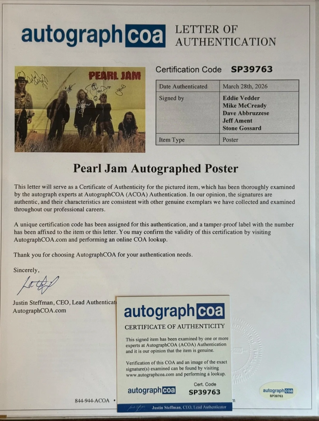 HUGE Pearl Jam SIGNED ALIVE 12" Single Eddie Vedder Mike Stone Dave Jeff w ACOA, изображение 2