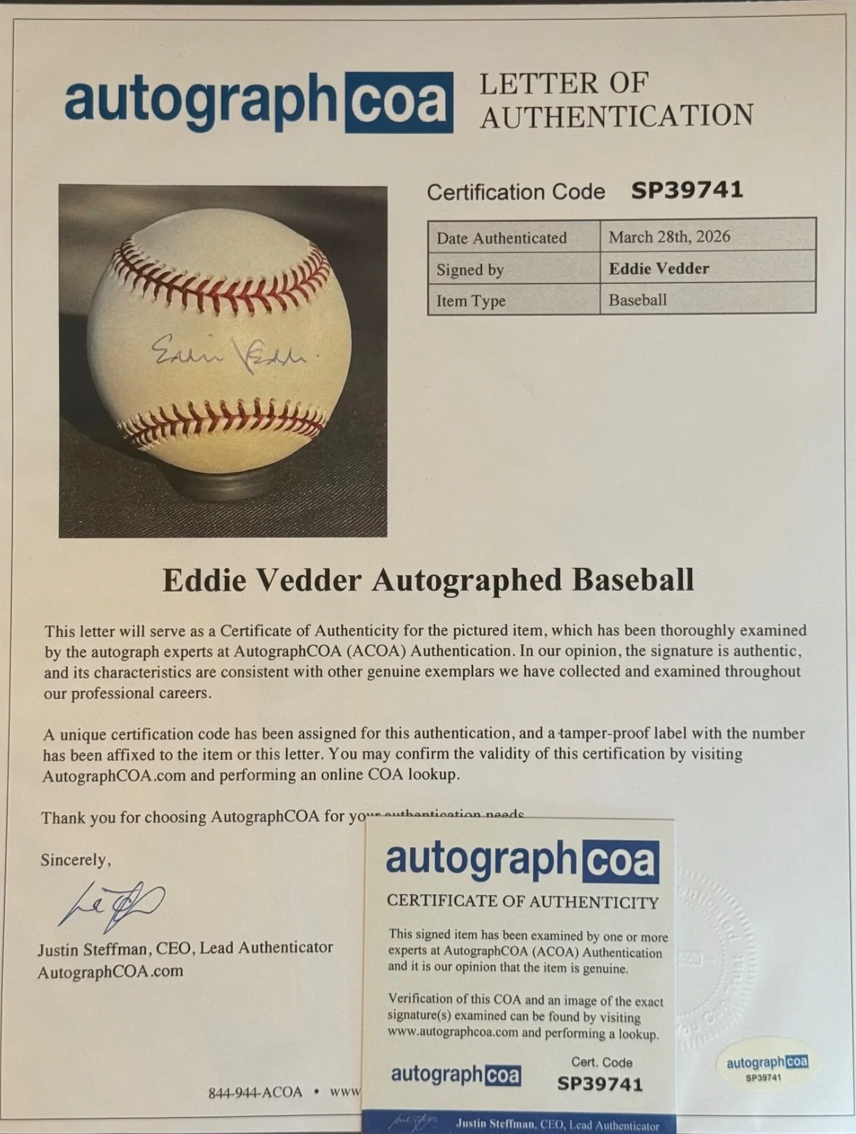 Eddie Vedder Pearl Jam SIGNED Autographed Official MLB Phillies Baseball w ACOA, image 2